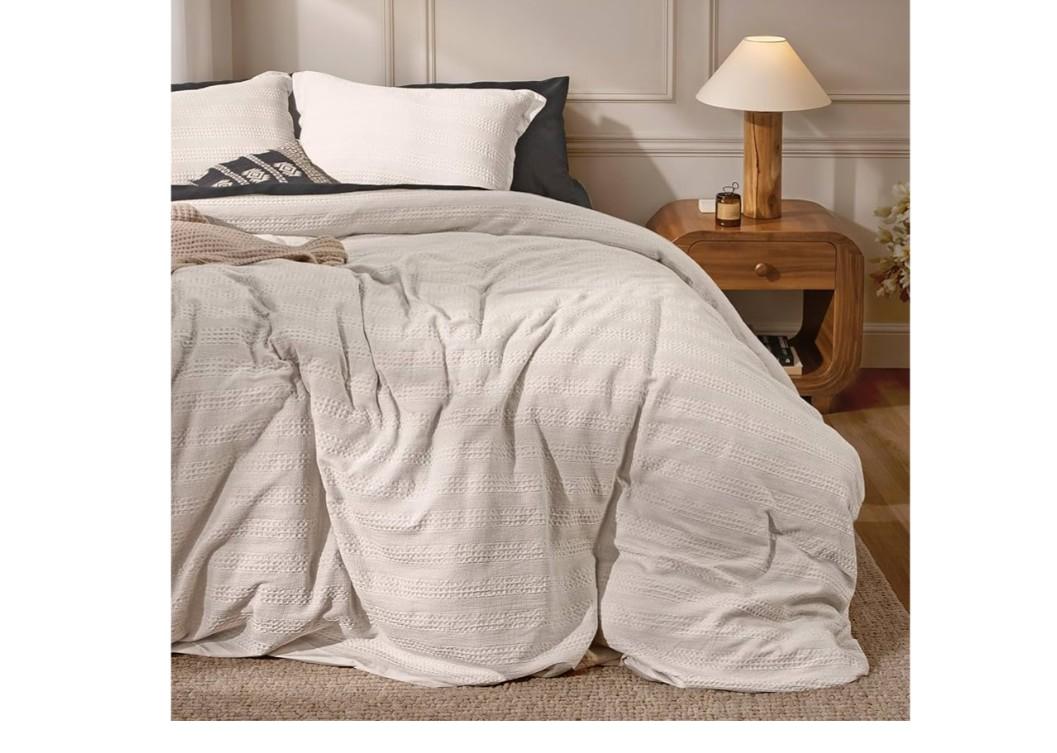 RUVANTI 100% Cotton Waffle Weave King Duvet Cover Set - Pre-Washed Soft Cozy Textured Bedding, 3-Piece, 8 Corner Ties, Breathable, Linen (Stripe)