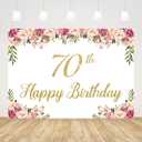 7x5ft Happy 70th Birthday Backdrop for Women Pink Flowers Photography Background 70th Birthday Decorations for Women Cake Table Banner Photo Shoot Props, CQ302