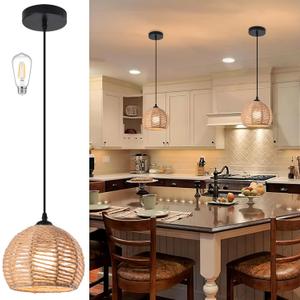 Woven Pendant Light Boho Chandelier Dome Rustic Farmhouse Chandelier Hemp Rope Light Rattan Light Fixture for Dining Room Living Room Bedroom Kitchen Foyer(Bulb Included) (8.7" Hemp Rope 1-Pack)