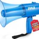Pyle 30W Portable Megaphone Speaker, 1200-Yard Range, Lightweight Bullhorn with Siren, Rechargeable Battery, Handheld Mic, Adjustable Volume Control, Durable for Indoor/Outdoor Use, Transparent Blue