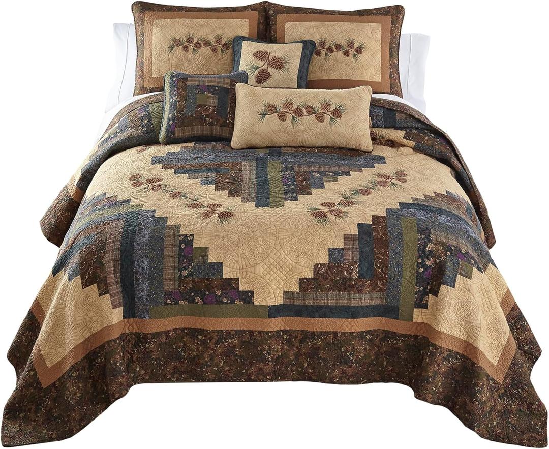 Donna Sharp Cotton Full/Queen Quilt - Cabin Raising Pine Cone Lodge Quilt with Colorful Patchwork - Fits Queen Size and Full Size Beds - Machine Washable