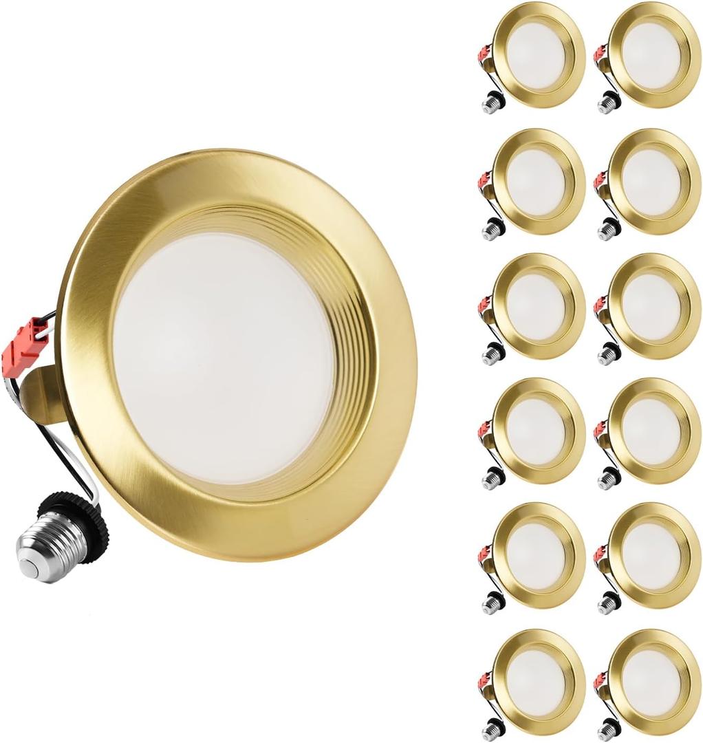ZYC Gold 4 Inch Retrofit LED, 12 Pack Dimmable Retrofit Downlights can Light, 2700K/3000K/4000K/5000K/6000K Selectable, Damp Rated Can Lights, Baffle Trim, 9W 800Lm(Gold, 4 inch)