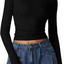QINSEN Womens Mock Neck Long Sleeve Shirt Double Lined Basic Tees Side Ruched Going Out Crop Tops (X-Small, Black)