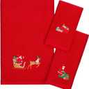 3 Pack Christmas Towels Set 100% Cotton Large Size Christmas Theme Towels Embroidery Christmas Bath Towels Hand Towels Facial Towels for Home Bathroom Kitchen (Red, 3 Sizes)
