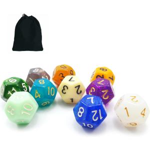 10pcs Set of 12 Sided Dice Cube (Numbered 1-12), 10 Count Assorted Random Multi Effected&Colored Pack of D12 in Drawstring Pouch