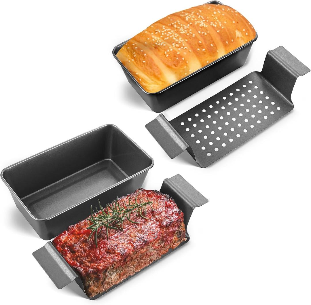 HONGBAKE 4 Pack Meatloaf Pan with Drain Tray, 9 x 5 Inches Loaf Pans with Insert, Nonstick Meat Loaf for Baking, Grey