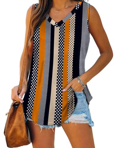 XIEERDUO Tank Tops for Women 2024 Fashion Loose Basic Sleeveless Flowy Floral Shirts, M, 01-khaki Stripe