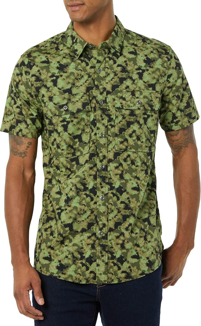 Amazon Essentials Mens Slim-Fit Short-Sleeve Two-Pocket Utility Shirt (Medium Tall, Green Camo Print)