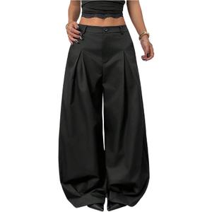 GORGLITTER Women's Wide Leg Barrel Pants Pleated Low Rise Baggy Oversized Dress Pants Business Casual Trousers with Pockets L