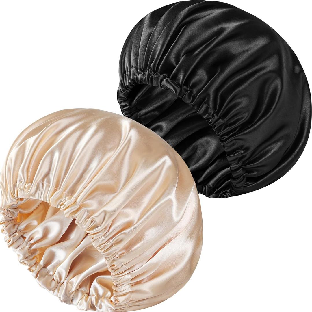 2 PCS Satin Bonnet Double Layer Sleep Hair Silk Bonnet for Sleeping Women Curly Natural Hair (Black&Gold)