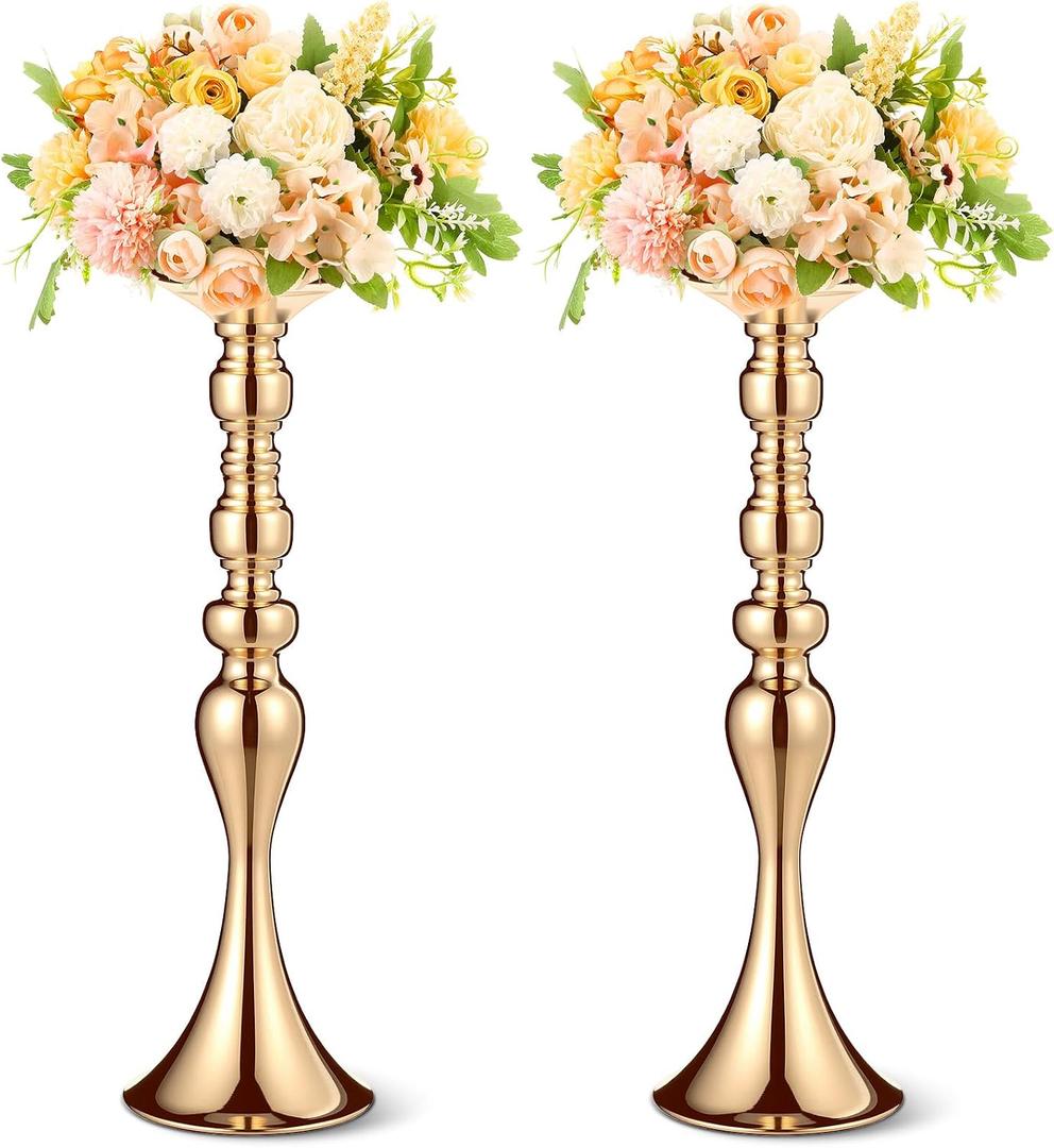Sadnyy 2 Pcs Metal Flower Arrangements Stand Metal Wedding Centerpiece Stand Gold Vase Centerpiece Tall Table Decor Flower Vase for Wedding Reception Event Party Hotel Home Decor (16.9 Inch)