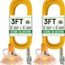 POWGRN 3 FT 2 Pack 12/3 Gauge Extension Cord with Multiple Outlets Outdoor, 3 Outlet Extension Cord Heavy Duty Yellow with Lighted, Tri-Tap Power Cable, 12AWG 15Amp 1875Watts 125Volts SJTW, ETL Listed