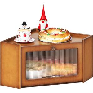 Corner Bamboo Bread Box for Kitchen Counter Large Capacity Rustic Bread Storage Container with Wavy Arcylic Transparent Door Vintage Storage for Homemade Bread (Brown)