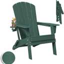 Folding Adirondack Chair, SGS Tested, Wooden Textured with Cup Holder, Heavy All-Weather HDPE Comfortable Set Poolside Backyard Lawn Green (Folding Chair with Cupholder)