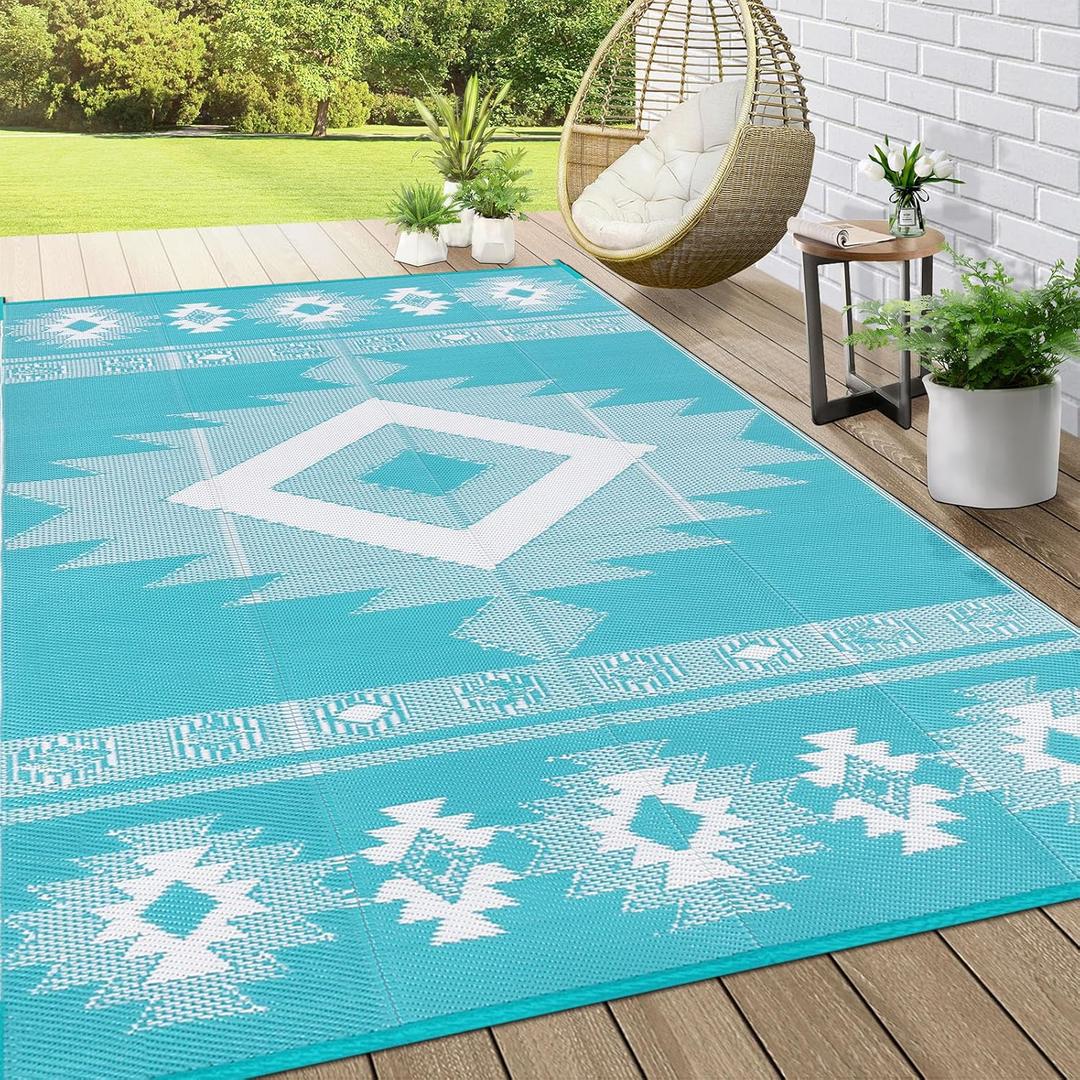 Outdoor Rug 6x9 ft for Patios Waterproof Reversible Plastic Straw Rug Patio Mat Clearance Outdoor RV Camping Mat Outside Area Rug Carpet for Porch,Deck,Camper,Balcony,Backyard (Geometry-teal)