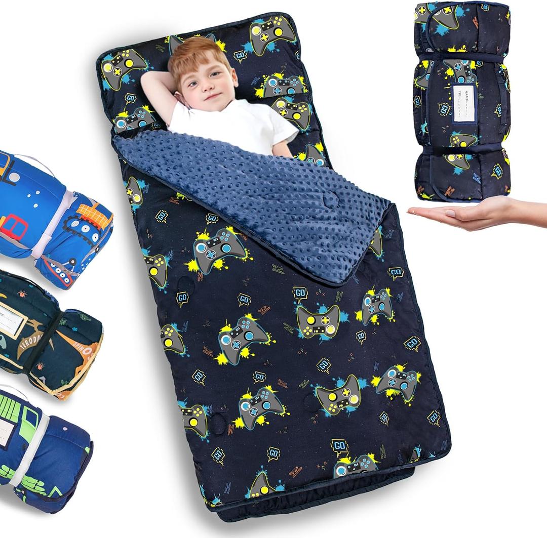 Primlect Thickened Toddler Nap Mat with Removable Pillow and Minky Blanket, Extra Large 55''x35'' Sleeping Bag, Washable, Roll up, Perfect for Daycare, Preschool, Kindergarten, Boys and Girls (Blue Traffic Upgraded)