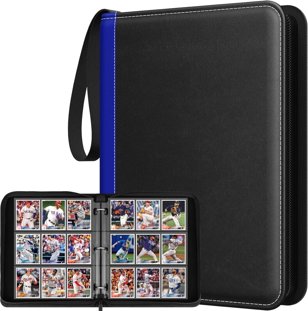 Trading Card Binder With Sleeves, 9 Pocket Premium 720 Double Sided Pocket PU Collection Binder, Collectible Albums Folder for MTG, TCG, Sports Cards, Game Cards (Dark Blue Edge, Black)