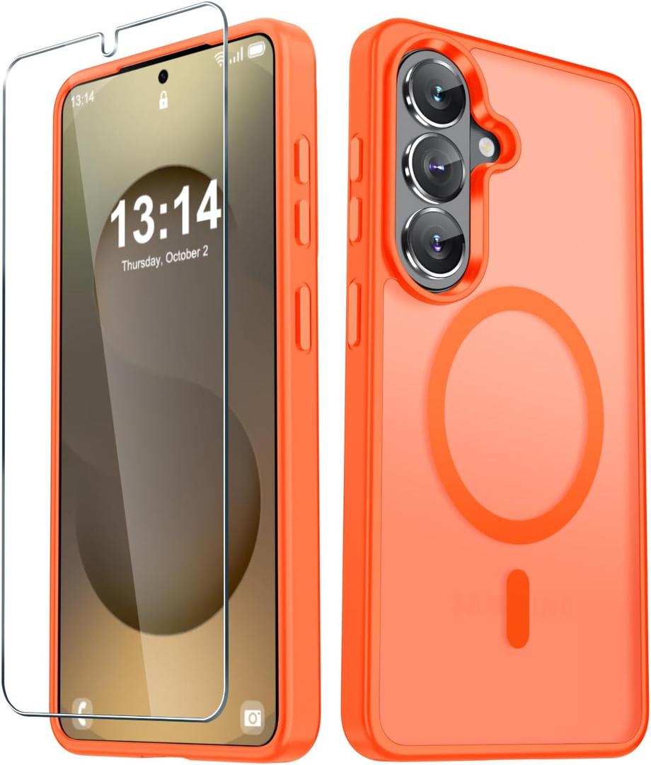 YENAPOON for Samsung Galaxy S26 Case, Matte Magnetic Phone Cover [with 1 Screen Protector] [Support for MagSafe] [Shockproof Military Grade Protection] Translucent Frosted Back, Orange