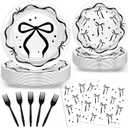Avezano 96pcs Black Bow Plates and Napkins Black Bow Birthday Party Decorations Balck and White Bow Birthday Decorations Disposable Tableware Serve 24