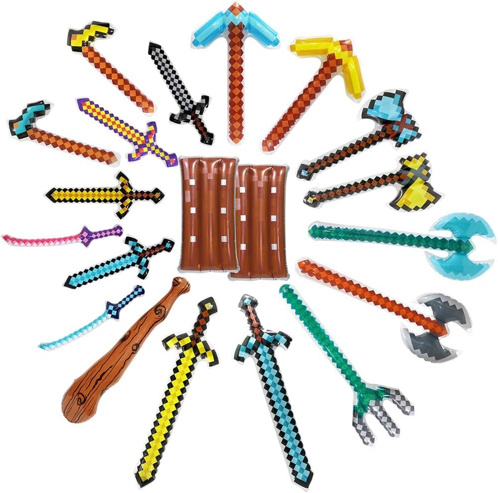 Fun 20 Pack Inflatable Weapons Toys Set Blow Up Pirate Pixel, Sword Knife Blade Hatchet Axe Shield Hoe Trident Pickaxe Shovel Caveman Stick Kid Party Favor Lumberjack Cheering Prop