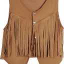Women Tassel Vest 70s Hippie Sleeveless Faux Suede Rivets Fringe Vest Waistcoat Jacket Cowgirl Outfits (Medium, Brown)