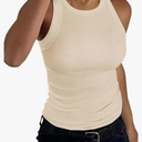 Womens Tank Tops High Neck Sleeveless Ribbed Tank Casual Basic Thick Strap Slim Fitted Racerback Shirts, Size L