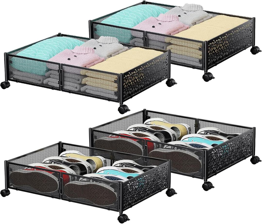 Under Bed Storage, Under the Bed Storage Containers with Wheels, Under Bed Shoe Storage Organizer Drawer for Bedroom Clothes Shoes Blankets -4Pack (4 Pack(15.723.6"), Black)