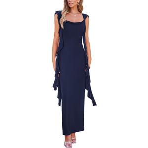 PRETTYGARDEN Women's 2026 Summer Wedding Guest Dress Sleeveless Ruffle Formal Cocktail Party Maxi Bodycon Dresses (Large, Navy)