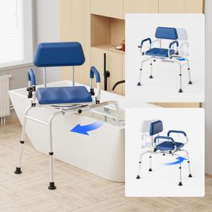 Sliding Shower Chair Tub Transfer Bench with Swivel Seat, Premium Padded Seat and Backrest, Pivoting Arms, Height Adjustable for Tubs, Inside Shower, for Handicap & Seniors350 Lbs