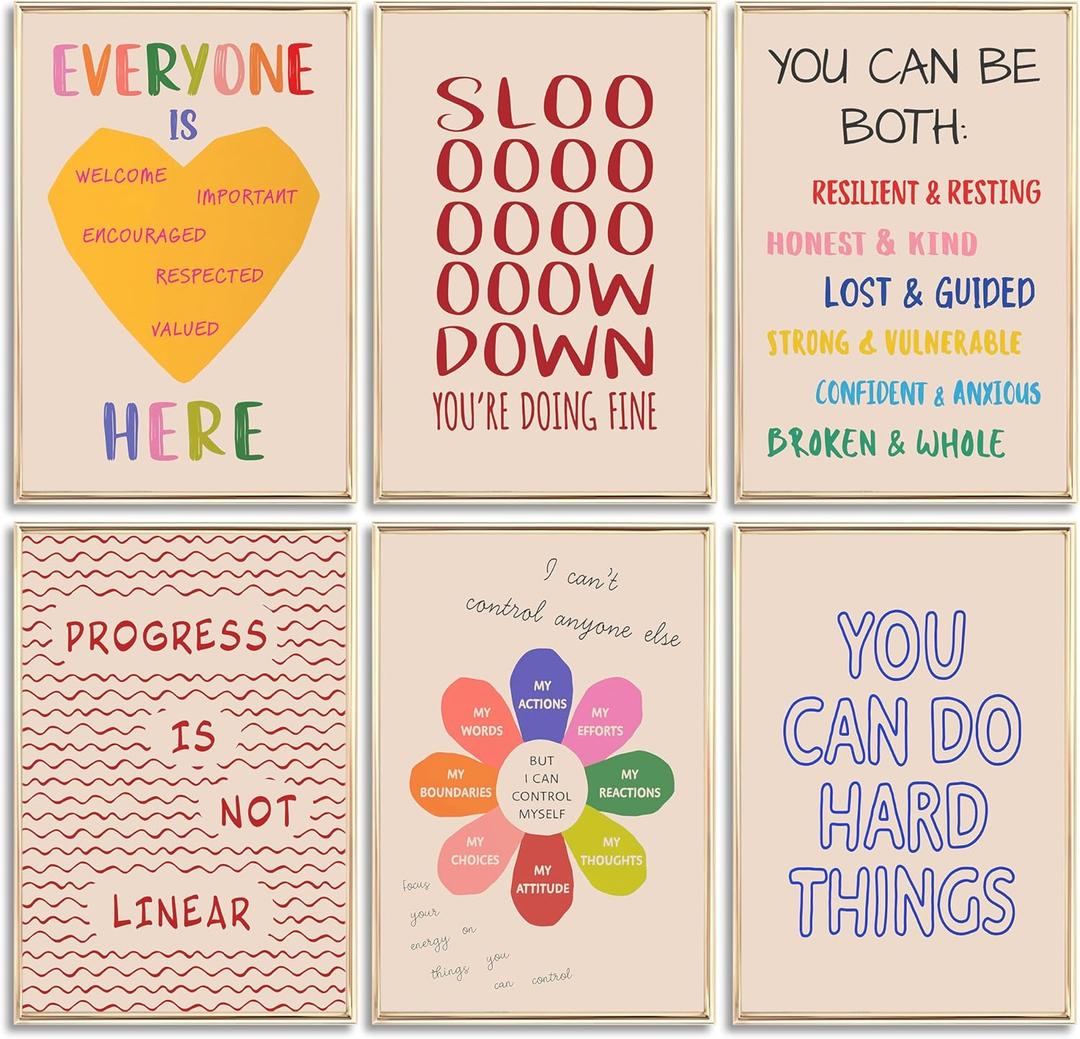 6Pcs Mental Health Wall Art Therapy Office Wall Decor Classroom Poster Motivational Inspirational Quotes Pictures Boho Painting Positive Artwork Canvas Prints for Home Counseling Office Decor Framed