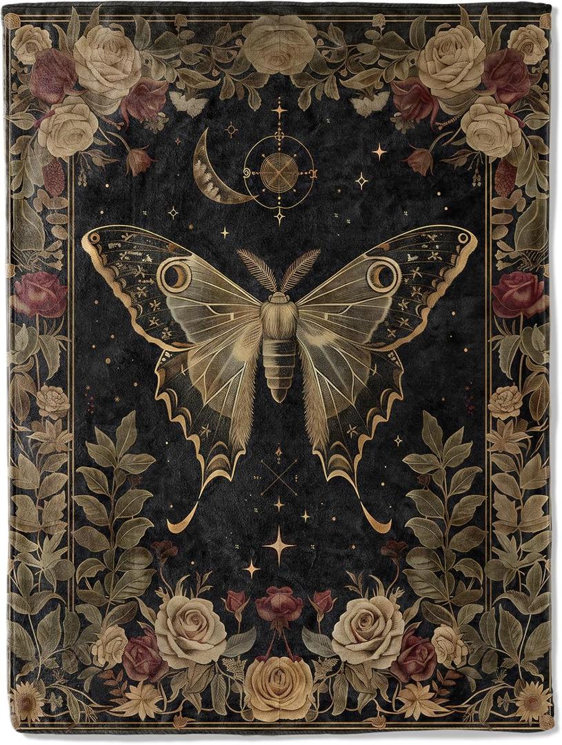 Gothic Moth and Rose Flannel Blanket - Mystical with Lunar Moon Vintage Throw - Lightweight Soft Cozy Gifts Blankets for Kids Adults & Nature Lovers,Modern Goth Decor,Home Room Accent 40x50in