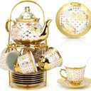 Premium Ceramic Tea Set of 13 PCS Teapot (800ML) with 6 Cups (180ML Each), 6 Saucers & Holder Stand Elegant Gift for Tea Lovers Ideal for Home, Office & Parties (Check White)