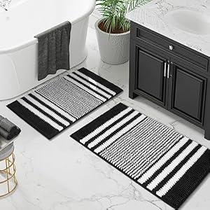 Tindbea Bathroom Rugs Set 2 Piece, Extra Soft and Absorbent Fluffy Striped Chenille Bath Mat Rug Set, Non Slip Bathroom Floor Mat, Machine Washable (20" x 32" Plus 16" x 24") (Black)