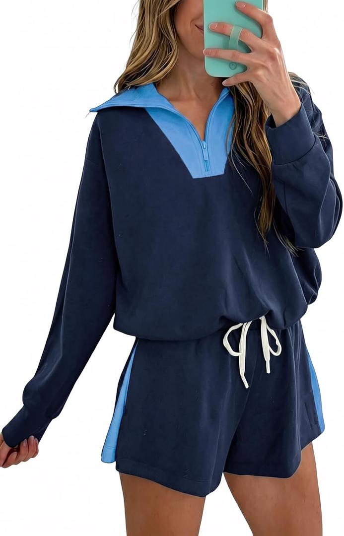Fisoew Womens 2 Piece Outfits Quarter Zip Sweatshirt Shorts Sets Sweatsuits, XXL