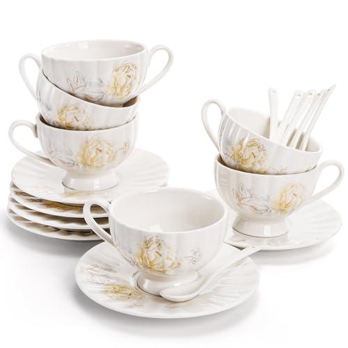 Amazon.com | WRINGKIT Tea Cups and Saucers Set of 6, 7 Oz Floral Tea Cups, White Porcelain Tea Cup with Saucer, British Coffee Cups Sets for Women Teas Party, Cappuccino, Latte, Microwave Safe: Cup & Saucer Sets