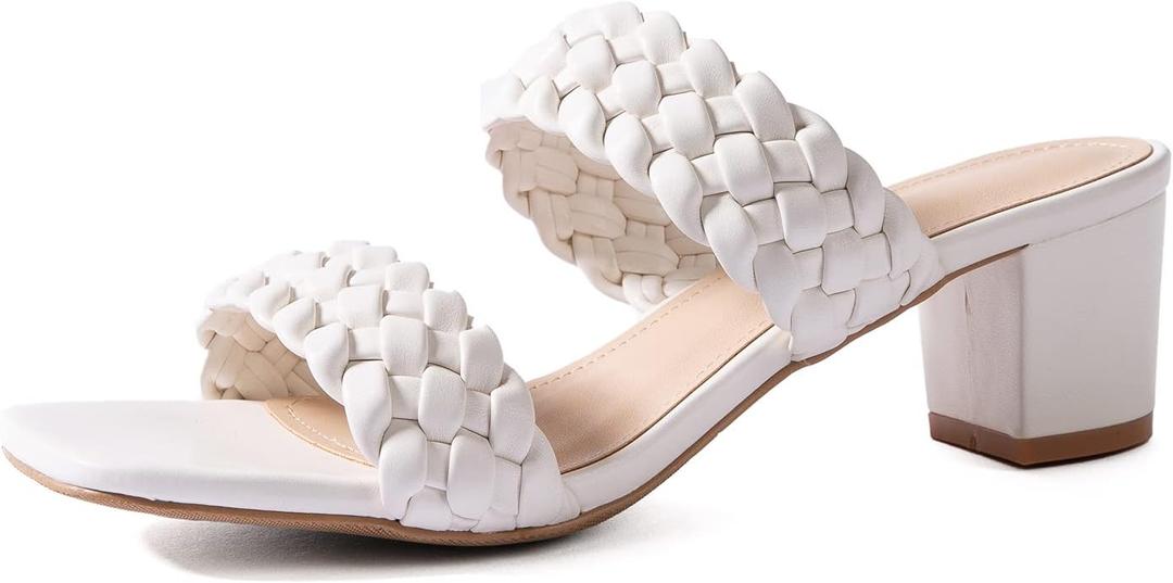N.N.G Women Heels Sandals Braided Block Nude Summer Chunky Square Leather Woven Comfort Strappy Dress Casual Pumps Mules (6, 2'' Heels White)