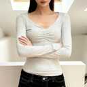 Women's Long Sleeve Slimming Tops Sexy Deep V-Neck Lace Trim Solid Color Short Shirt (M)