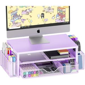 OPNICE Desk Organizers and Accessories, 2-Tier Computer Monitor Stand Riser with Drawer and 2 Pen Holders, Laptop Stand, Office Desk Accessories & Office Decor for Women, Purple