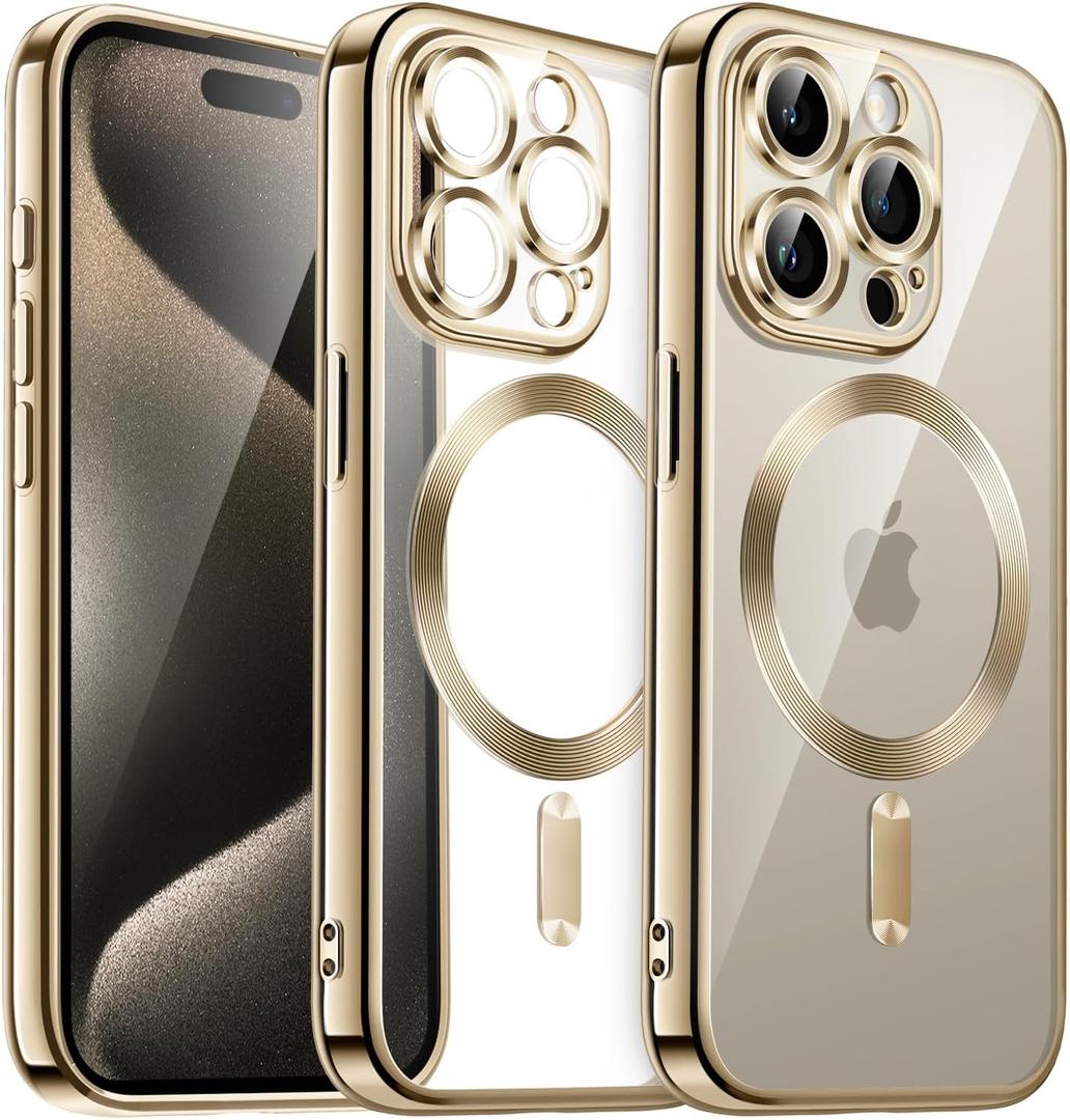 JETech Magnetic Case for iPhone 15 Pro 6.1-Inch, Camera Lens Full Protection, Compatible with MagSafe Wireless Charging, Shockproof Electroplated TPU Soft Clear Phone Cover (Gold)