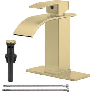 Brushed Gold Bathroom Sink Faucet Waterfall Single Hole Single Handle Lavatory Vanity Modern with Pop Up Drain with Overflow 1 or 3 Hole Deck Mounted Commercial Mixer Tap