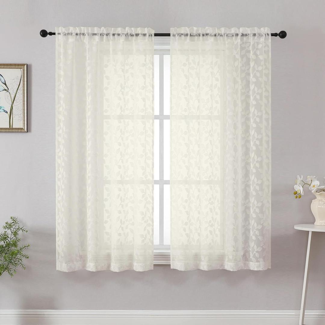 Chyhomenyc Ivory Sheer Curtains 54 Inch Length for Living Room 2 Panels Set, Light Filtering Tufted Textured Soft Airy Rod Pocket Leaf Window Treatment Drapes for Bedroom, 42" Wx54 L, 2PCS