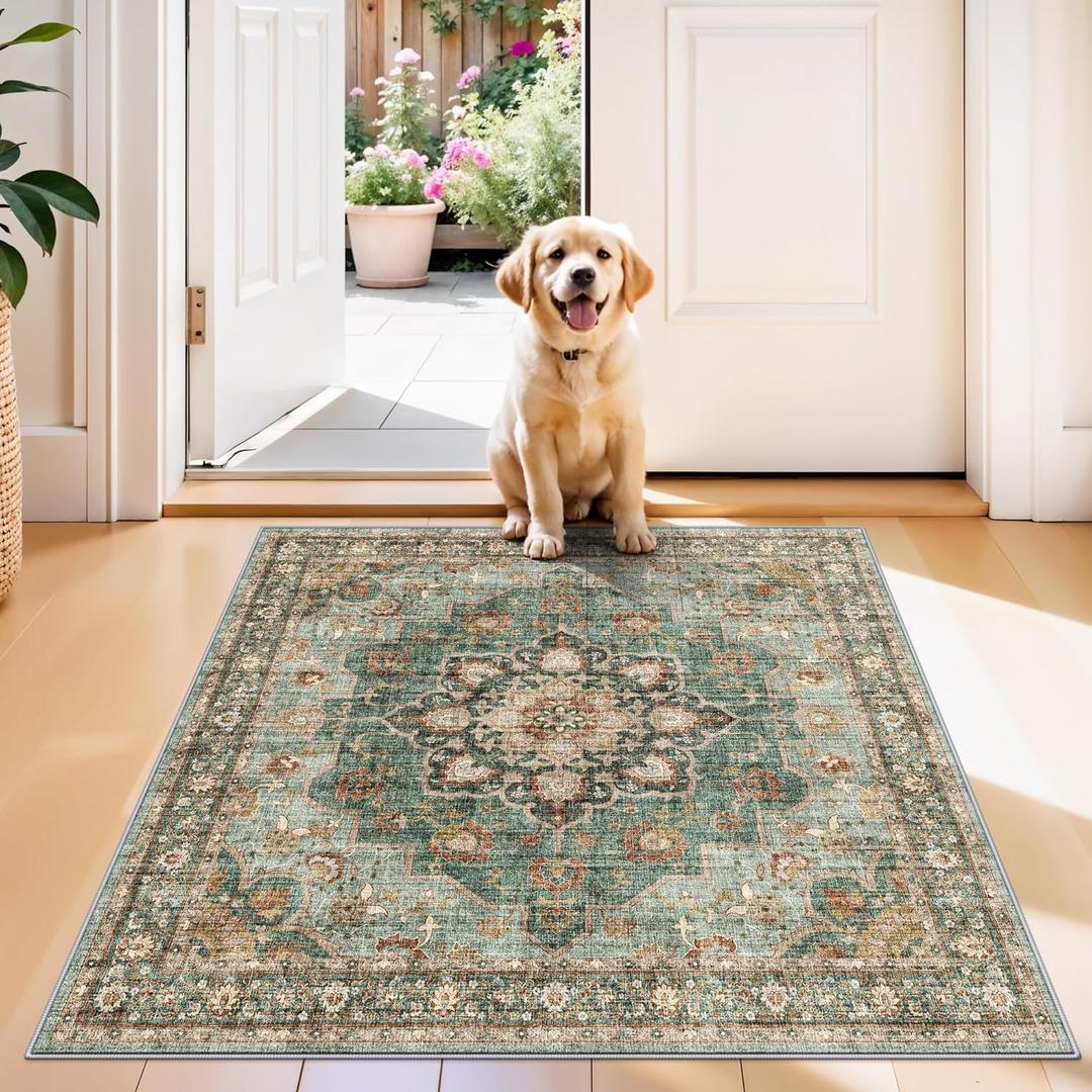 TOPRUUG Green Washable Entry Rug - 3x3 Area Rugs for Kitchen Bedroom Bedside Bathroom Entryway Non Slip with Rubber Backing Low Pile Ultra Soft Stain Resistant Small Carpet (Green, 3x3)