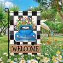 Garden Flag 12x18 Double-Sided Spring Decoration Vintage Blue Truck with Colorful Flowers, Welcome Checkered Backdrop Sign for Seasonal Yard and Outdoor Dcor