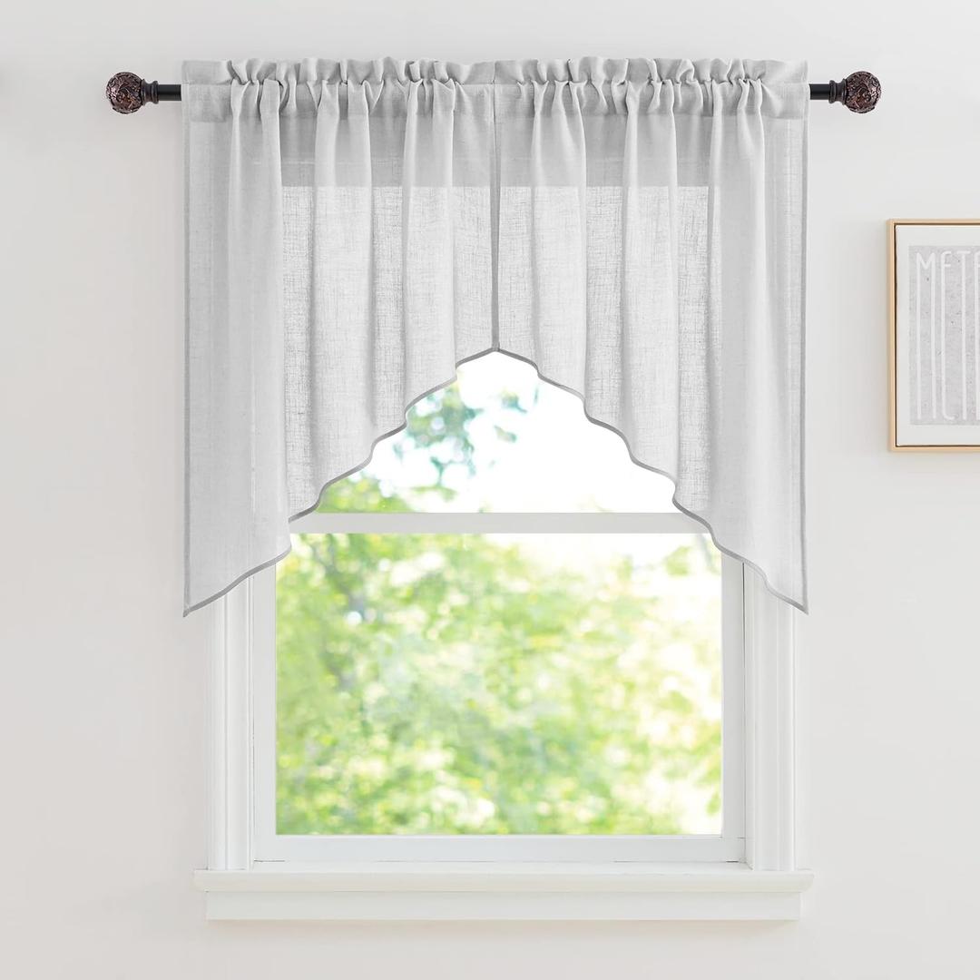 RYB HOME Linen Textured Wave Pattern Sheer Valance Curtains, Contemporary Semi Voile Tier and Swag Set for Kitchen Cafe Bedroom, Dove Grey, 36 x 36 inches Long, 1 Pair