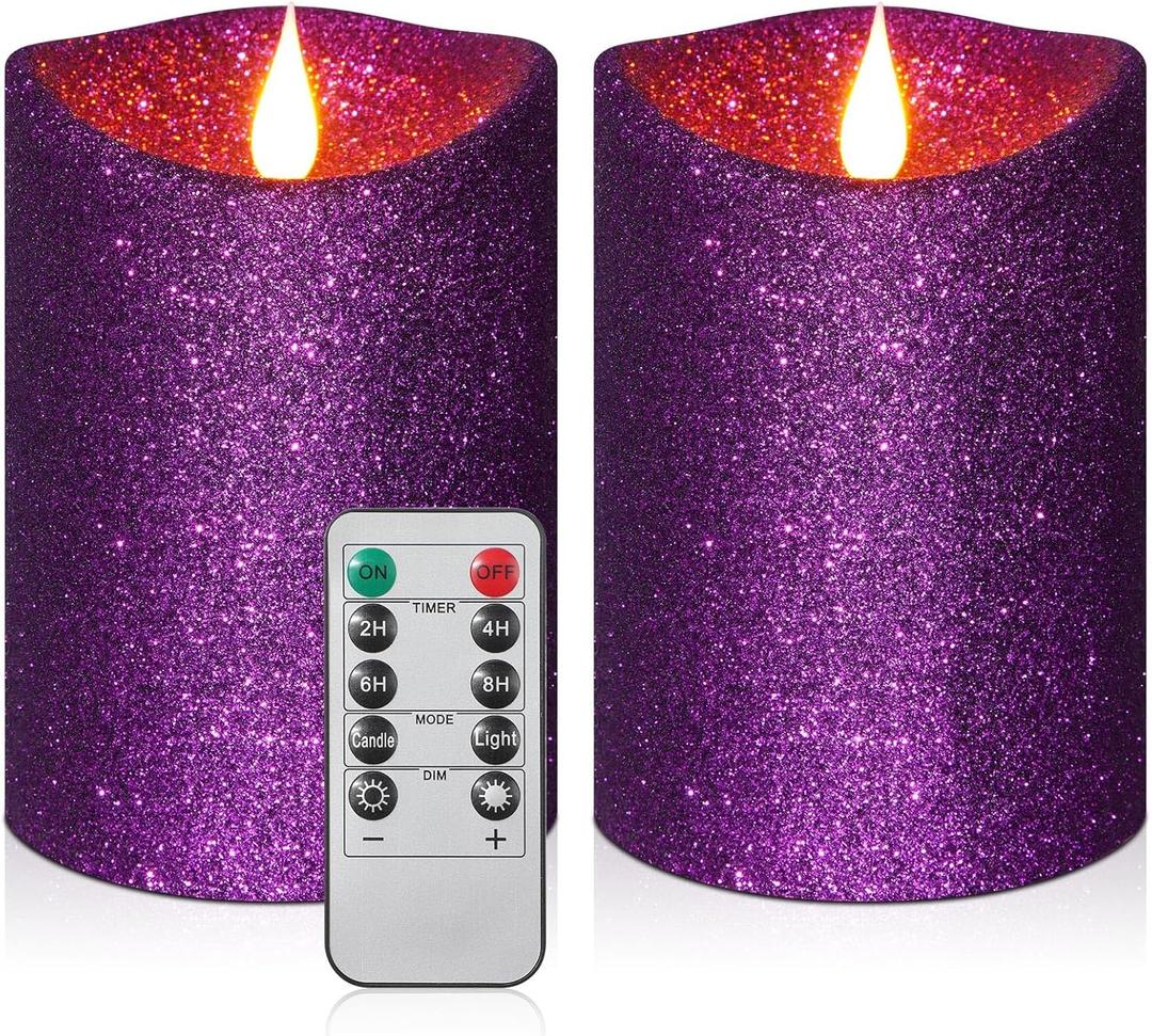 Retisee 2 Pcs Purple Glitter Flameless Candles, 3.5'' x 5'' Realistic Artificial Metallic Flame LED Candles Battery Operated Candle with Remote for Halloween, Christmas, Wedding, Birthday