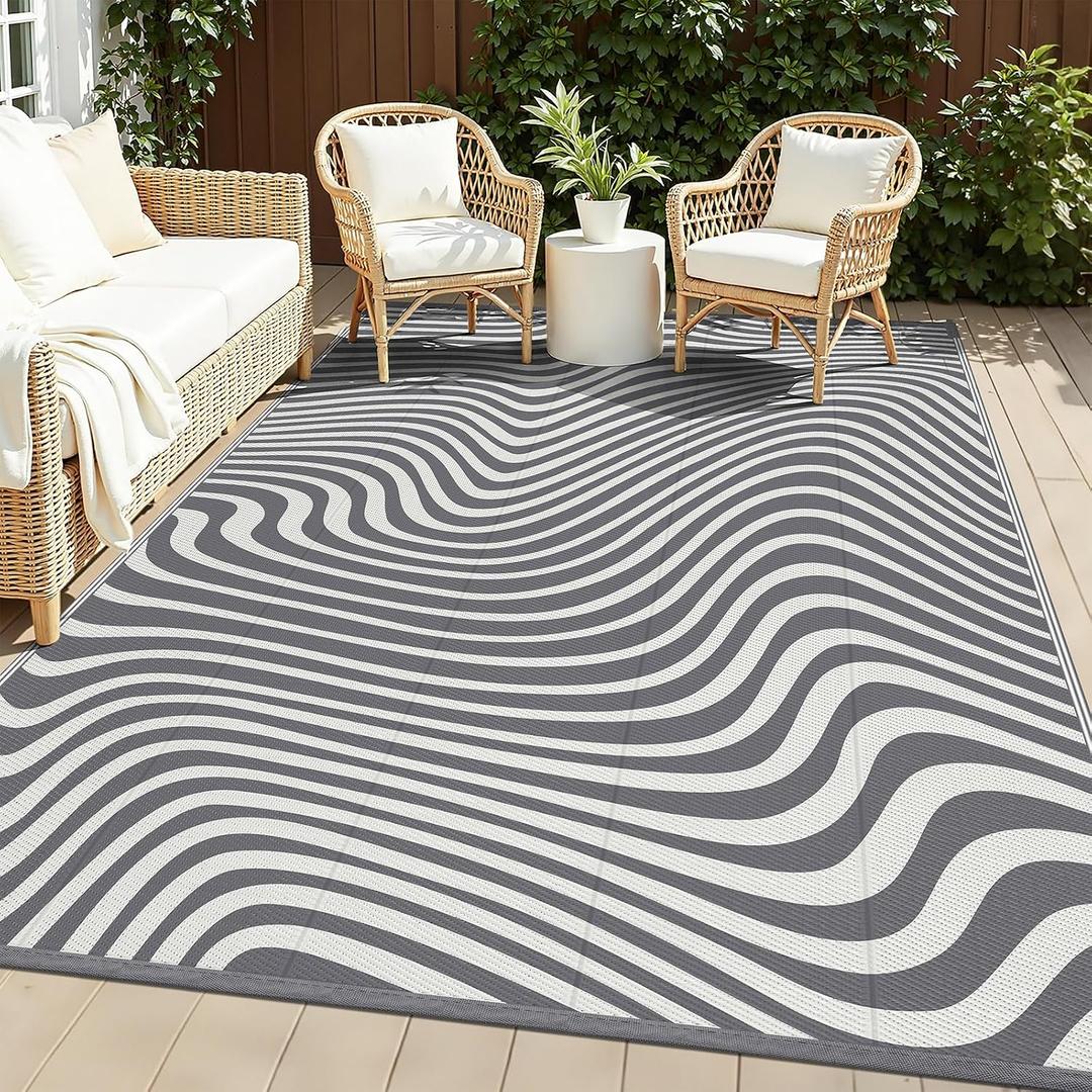 Vaukki Waterproof Outdoor Rug 5x8, Grey Striped Patio Mat