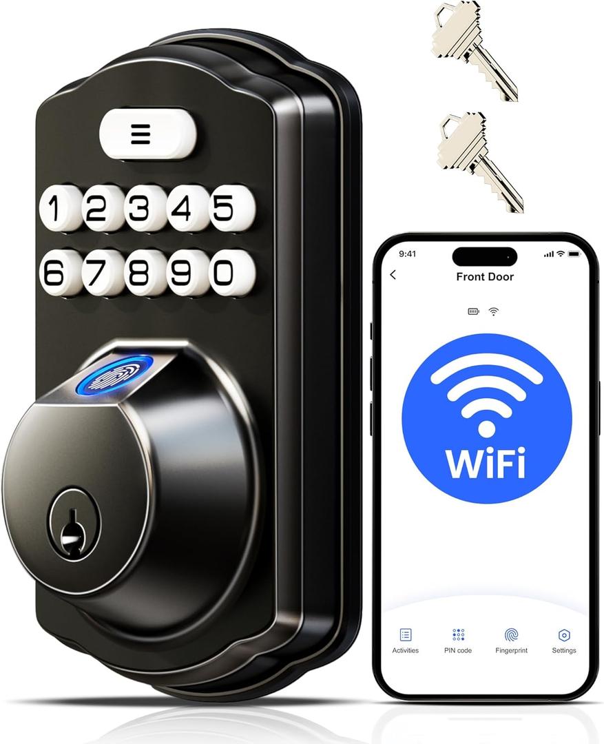 Veise VE012W Built-in WiFi Fingerprint Smart Lock, App Remote Control, No Hub Needed, Keyless Entry, Front Door Smart Deadbolt, Digital Keypad, Auto Lock, IP55 Waterproof, BHMA Grade 3, Matte Black