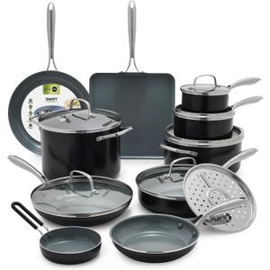 GreenPan 17 Piece Nonstick Swift Cookware Set, Ceramic PFAS-Free Pots & Pans with Lids, Dishwasher & Oven/Broiler Safe to 600F, Kitchen Cooking Set, Sauce, Saute, Stock, Griddle, Frying Pans, Gray