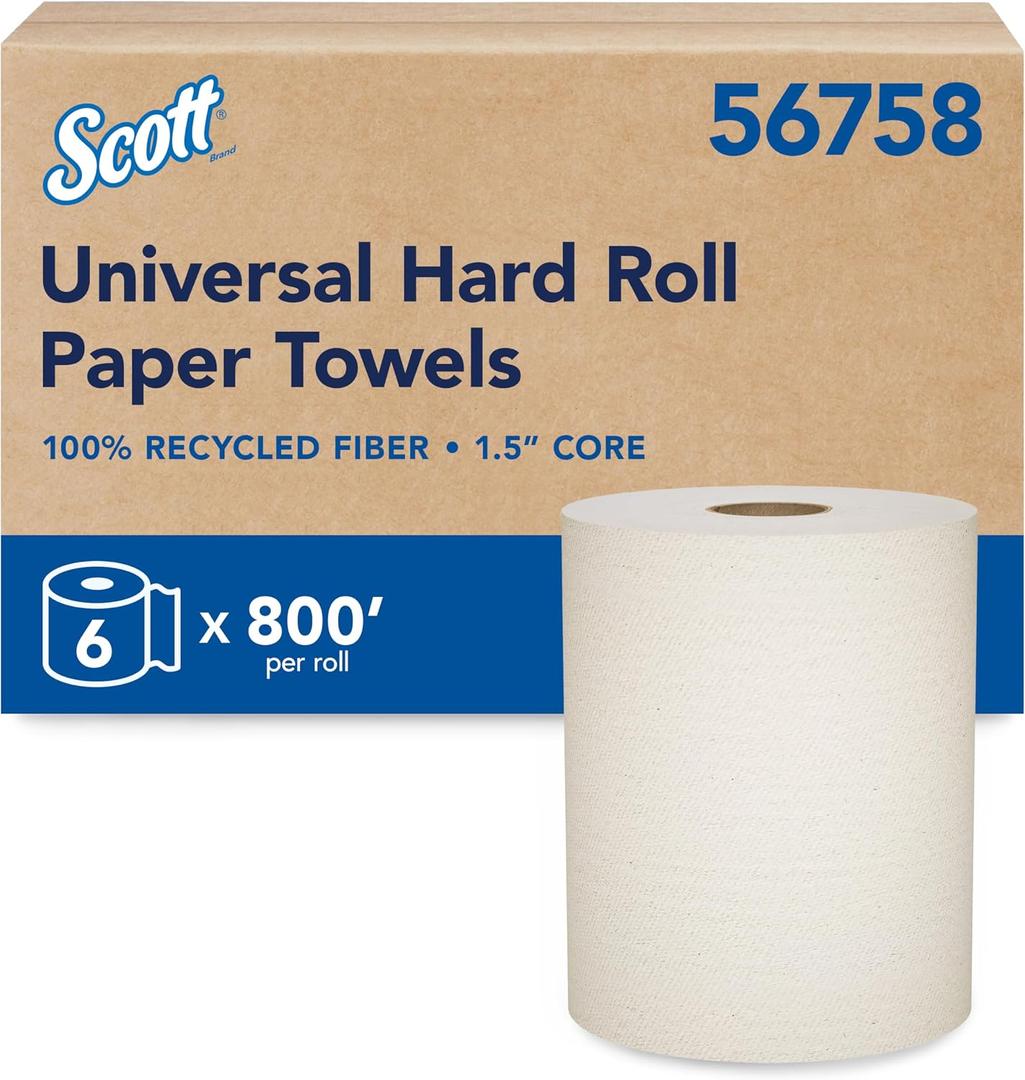 Scott Professional Universal 100% Recycled Fiber Hard Roll Paper Towels, Bulk (56758), Hardwound 1.5" Core, Absorbency Pockets, Compressed, Brown (6 Rolls at 800' Each, 4,800'/Case)