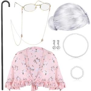 BBTO 100 Days of School Costume Old Lady Costume for Kids Granny Wig Shawl Grandma Outifits with Glasses and Accessories